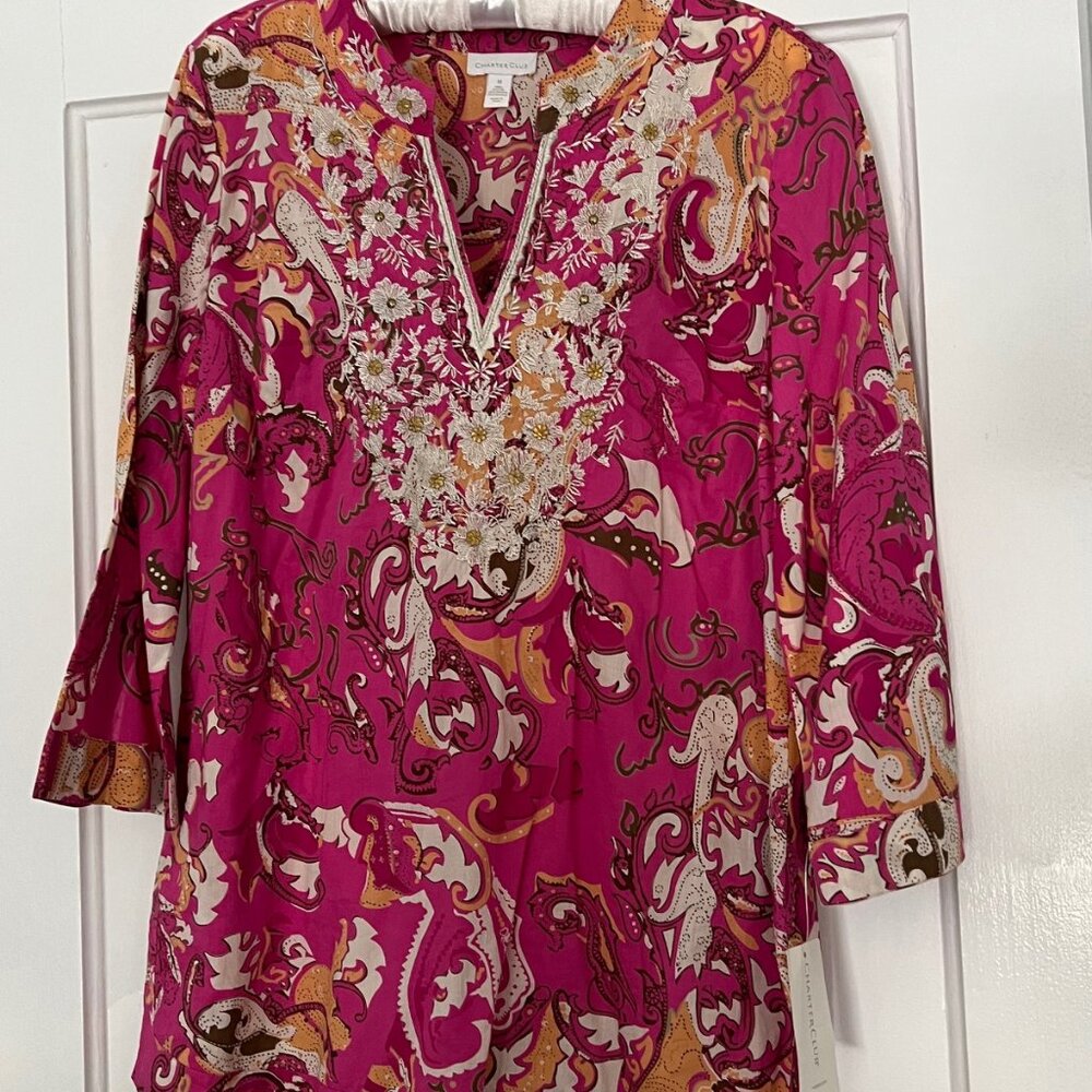 NWT Charter Club beaded embroidered tunic ~ Pink paisley print ~ Sz Medium